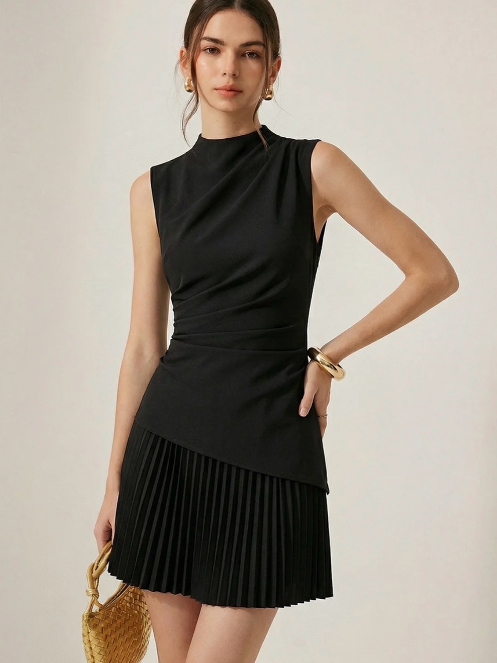 Commense Black Sleeveless Pleated-Hem Mini Dress